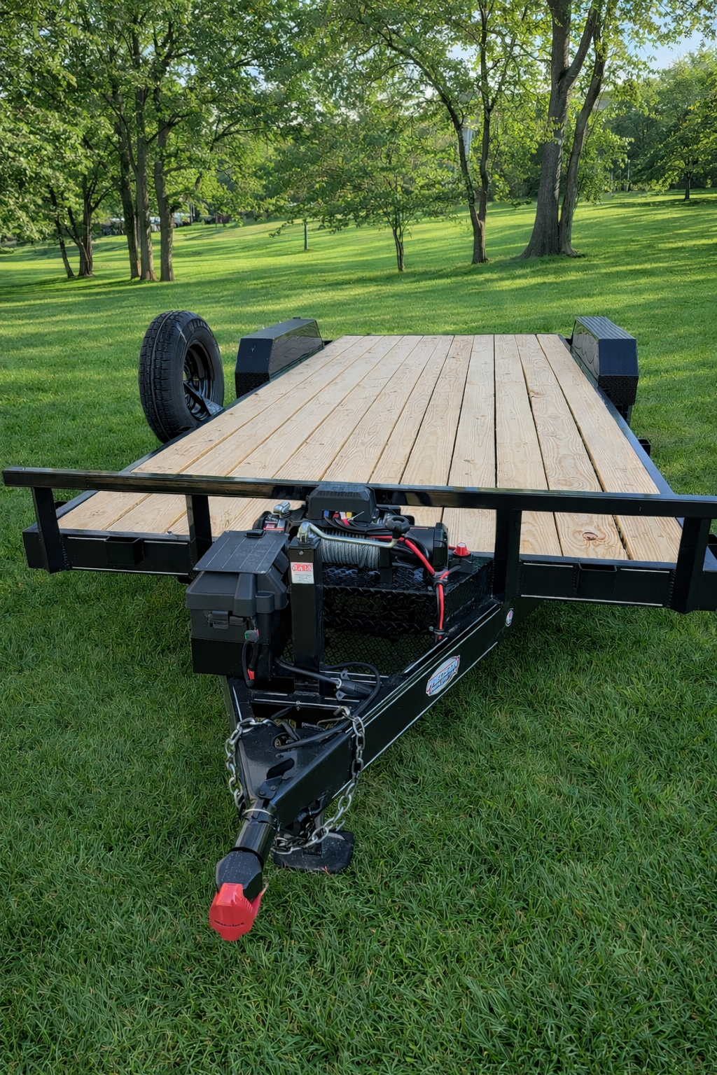 Car hauler front view with winch system