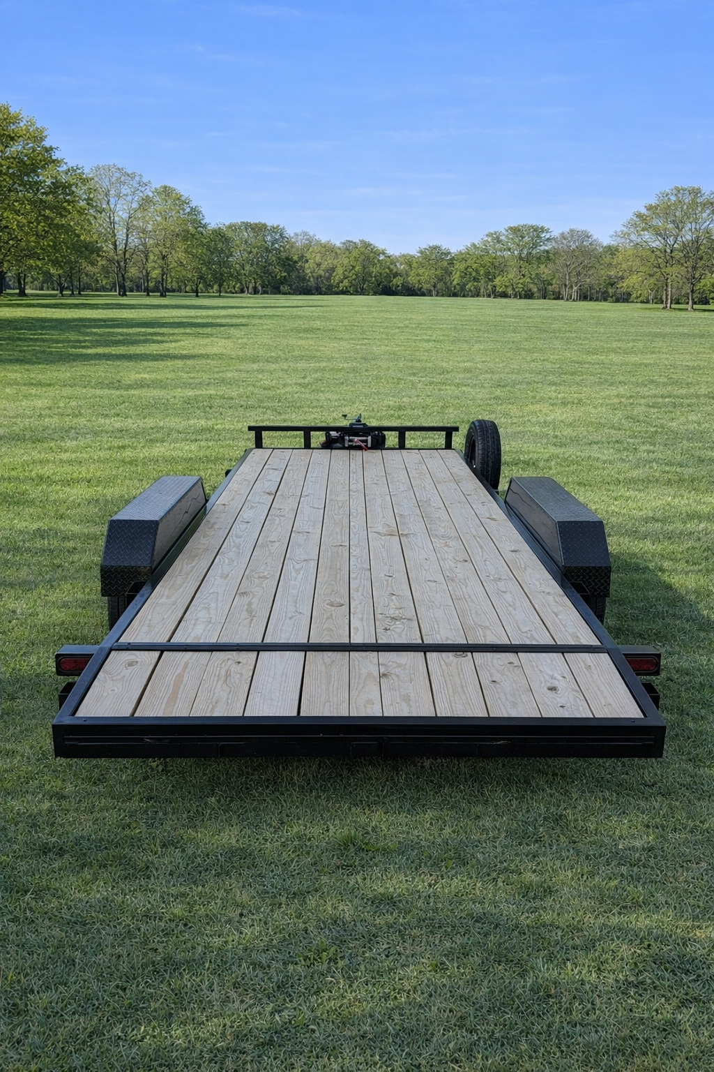 Car hauler rear deck view in field